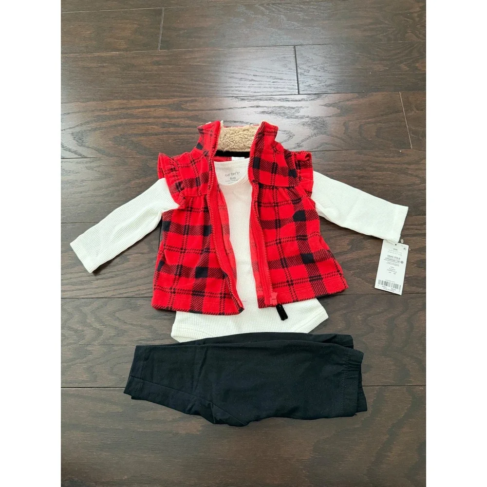 Carters Baby Girl 3-Piece Buffalo Plaid Vest Bodysuit Leggings Set Red Black 6M